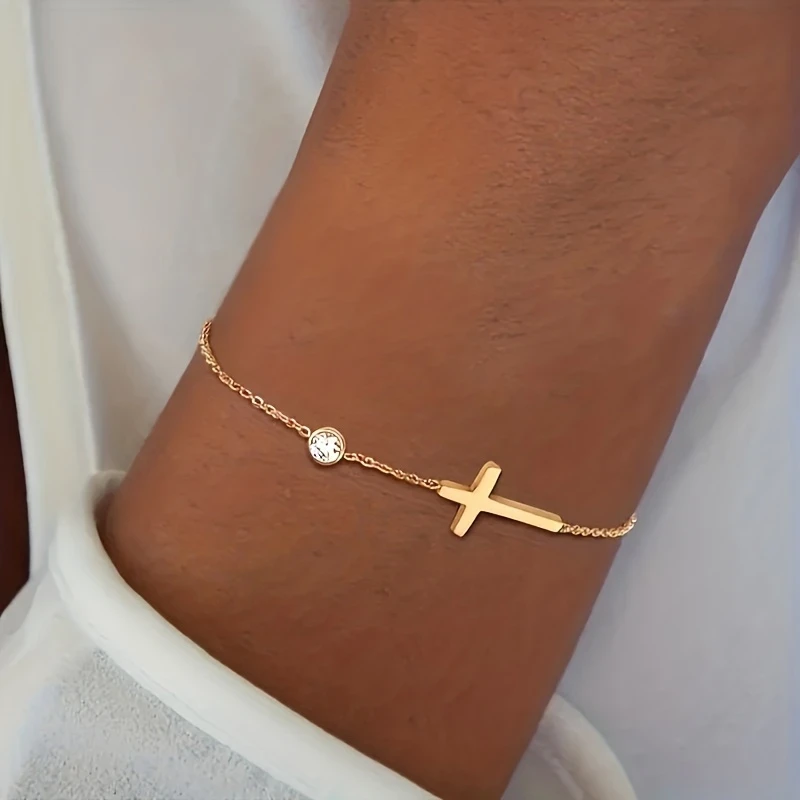 Simple Style Cross and Round Beads Stainless Steel Pendant Bracelet – Perfect for Young Ladies, Parties, and Gift for Friends