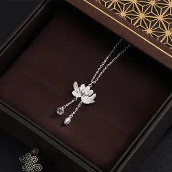 Vintage Elegant 925 Silver Lotus Pendant Necklace – 18K Golden Plated, Luxury Wedding Jewelry Gift for Women, Girlfriend, Birthday, and Holidays