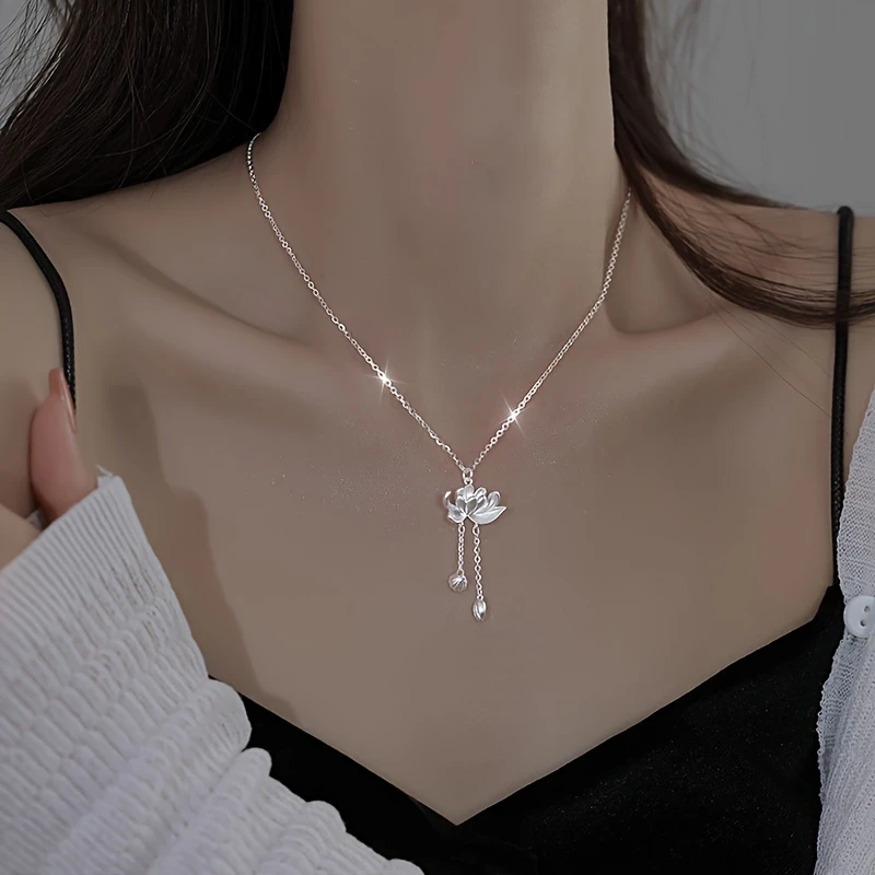 Vintage Elegant 925 Silver Lotus Pendant Necklace – 18K Golden Plated, Luxury Wedding Jewelry Gift for Women, Girlfriend, Birthday, and Holidays