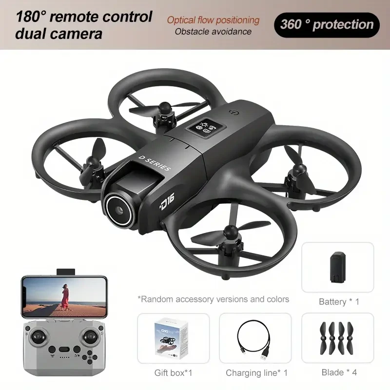 D16 Drone with Dual HD Camera, Propeller Safety Design, 360° Full Protection