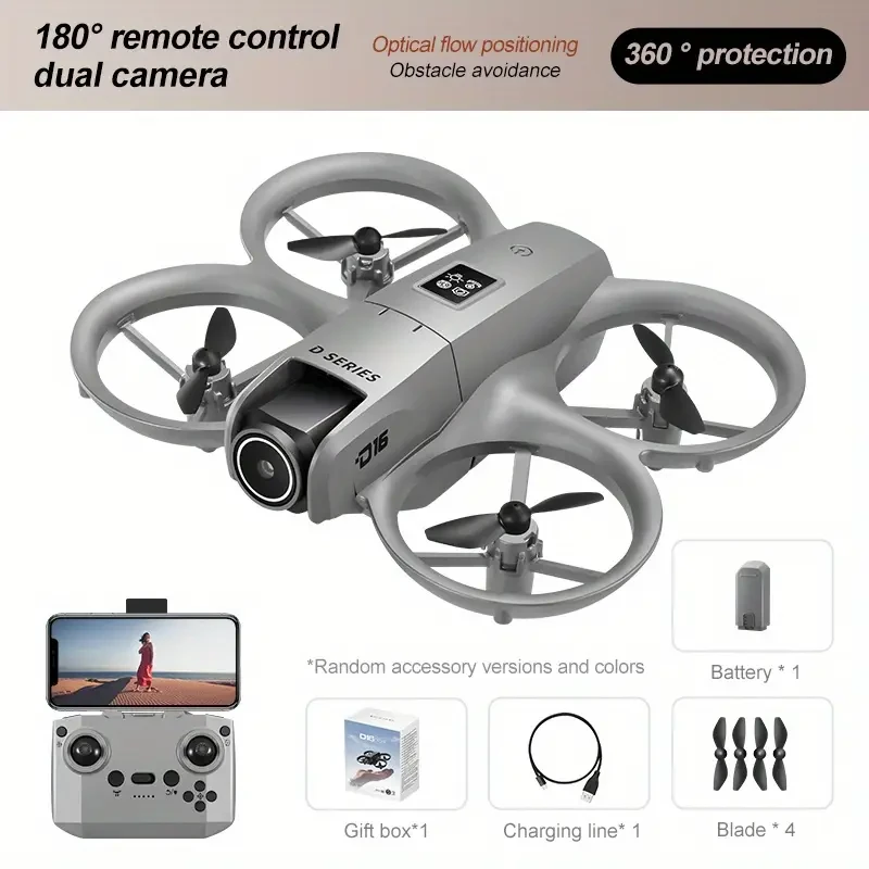 D16 Drone with Dual HD Camera, Propeller Safety Design, 360° Full Protection