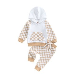 Casual Boys' Plaid Patchwork Hoodie Trousers Suit