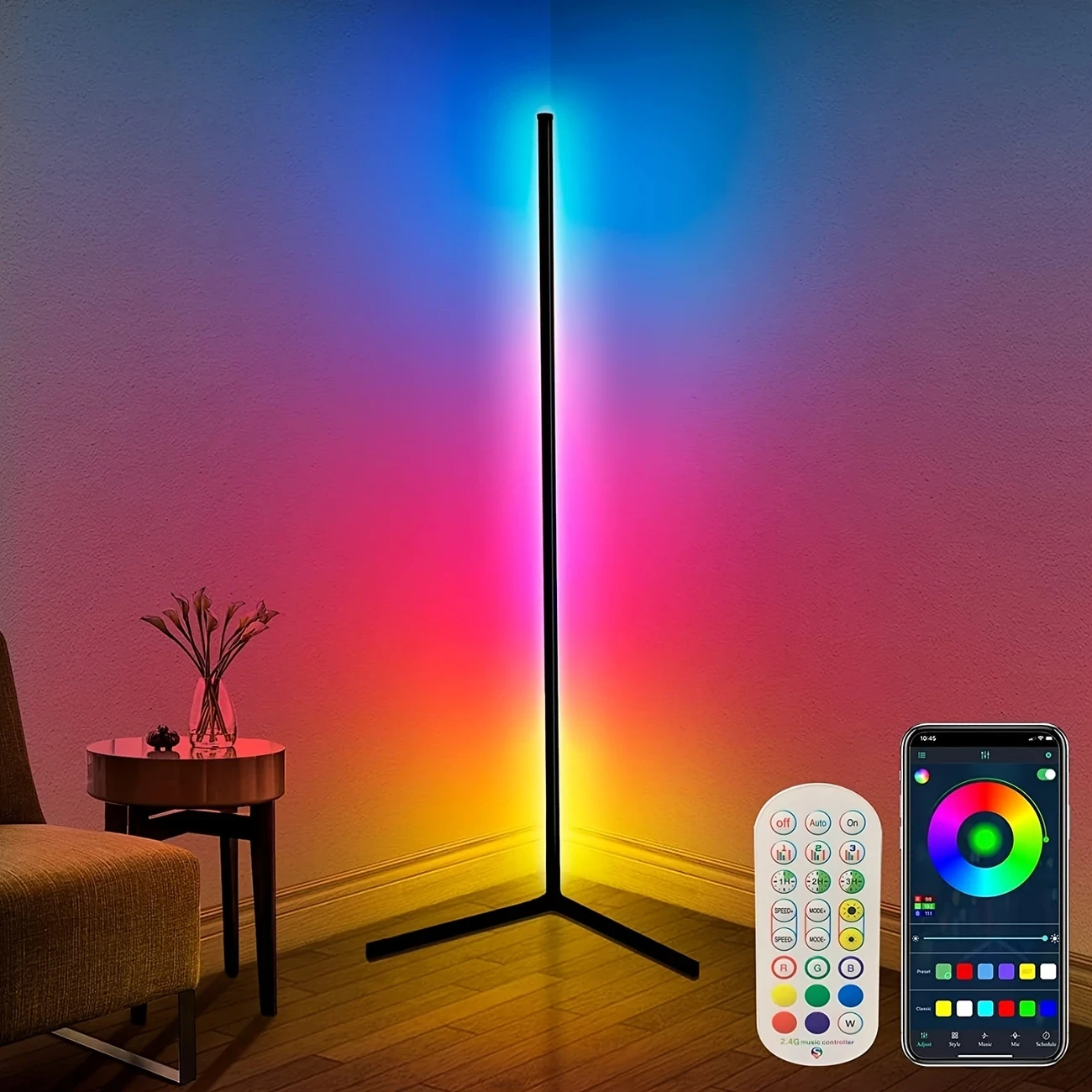 ONGLIN 165cm RGB LED Floor Lamp – Dimmable Color Changing Mood Lighting with App/Remote Control, Music Sync & Adjustable Height, USB Powered, Black
