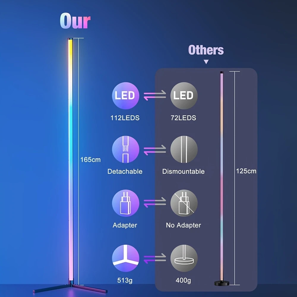 ONGLIN 165cm RGB LED Floor Lamp – Dimmable Color Changing Mood Lighting with App/Remote Control, Music Sync & Adjustable Height, USB Powered, Black
