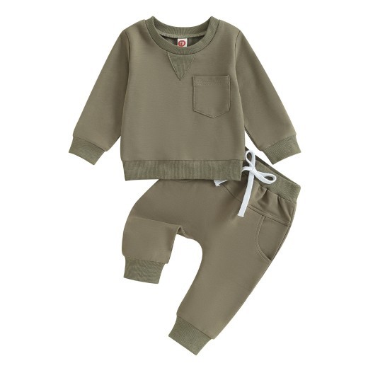 Solid Color Boy Letter Printed Round Neck Long Sleeve Trousers Suit