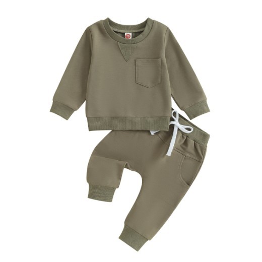 Solid Color Boy Letter Printed Round Neck Long Sleeve Trousers Suit