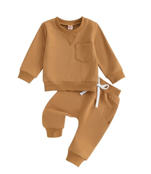 Solid Color Boy Letter Printed Round Neck Long Sleeve Trousers Suit