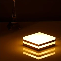 Square Wooden Art Table Lamp – 3 Colors, 9 Adjustable Brightness Levels, USB Energy-Saving, Natural Warm White Light, LED, with Push Button Control, Dimmable, Made of Real Wood, for Bedroom, Study, Living Room, Indoor Use