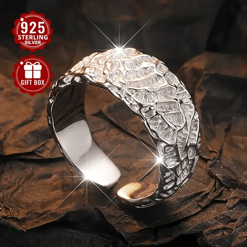 1pc Women's Fashion Wide Band Ring – S925 Sterling Silver Textured Open Adjustable Ring, Perfect for Party Wear, Ideal Thanksgiving Gift
