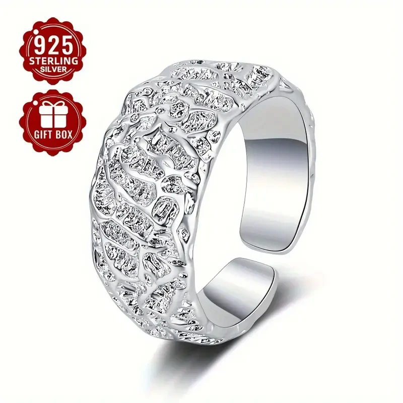 1pc Women's Fashion Wide Band Ring – S925 Sterling Silver Textured Open Adjustable Ring, Perfect for Party Wear, Ideal Thanksgiving Gift