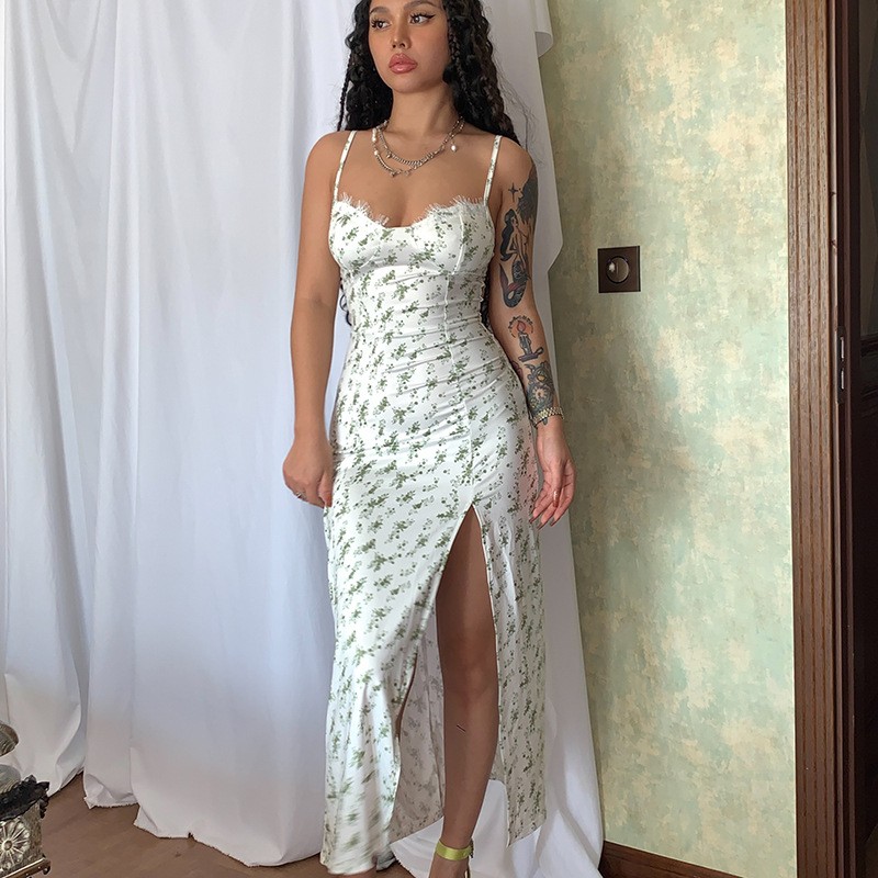 Lace Flowers Print Long Dress Summer Womens Clothing