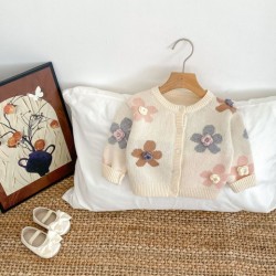 Hand Crocheting Flower Jacquard Round Neck Cardigan Knitted Coat