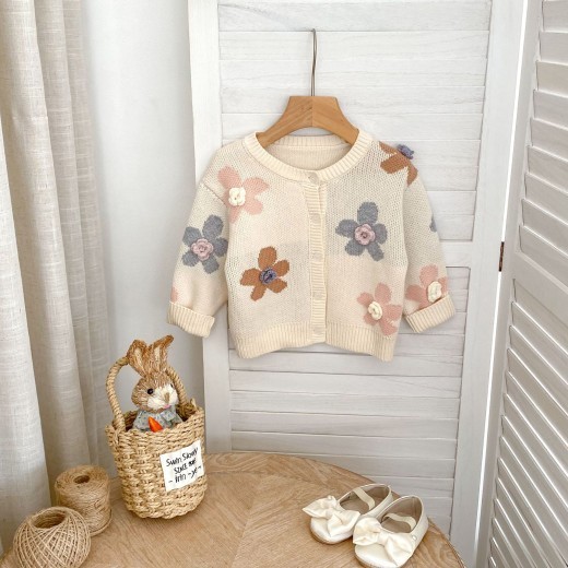 Hand Crocheting Flower Jacquard Round Neck Cardigan Knitted Coat