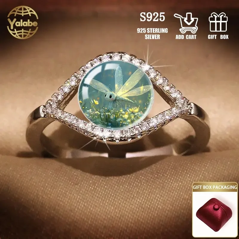 Yalabe Elegant 925 Sterling Silver Ring with Glass Firefly Design, Adjustable Open Band for Men and Women – Perfect for Daily Wear