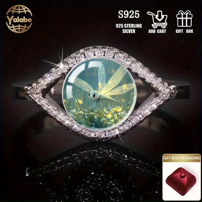 Yalabe Elegant 925 Sterling Silver Ring with Glass Firefly Design, Adjustable Open Band for Men and Women – Perfect for Daily Wear