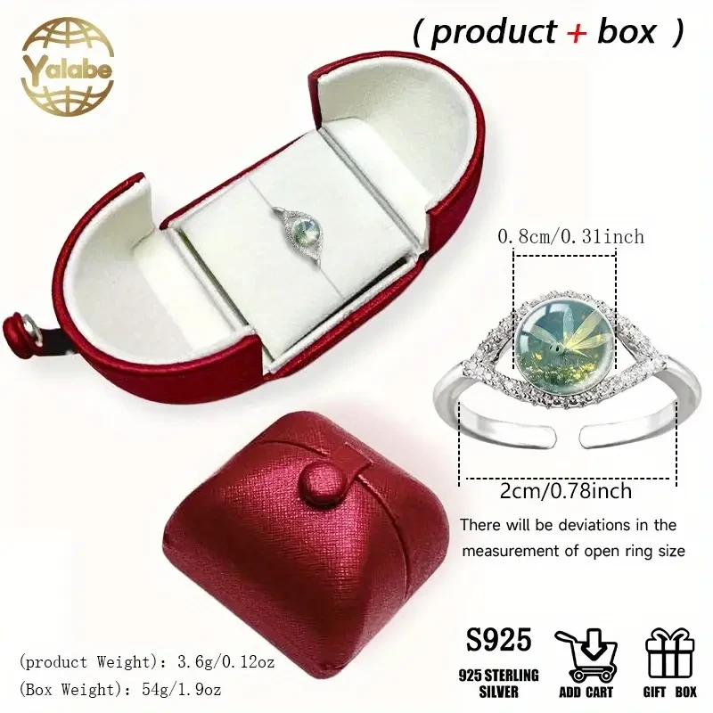 Yalabe Elegant 925 Sterling Silver Ring with Glass Firefly Design, Adjustable Open Band for Men and Women – Perfect for Daily Wear