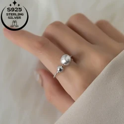 925 Silver Simple Sweet Polished Large Bead Women's Ring, Adjustable Opening – Perfect for Everyday and Party Wear