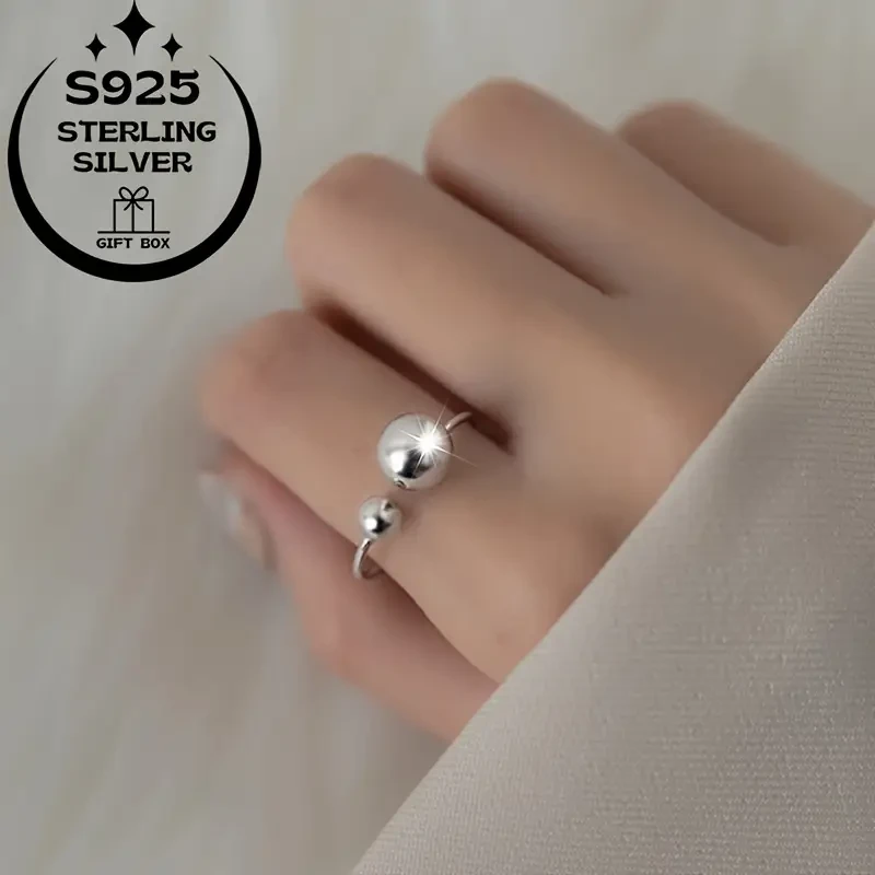 925 Silver Simple Sweet Polished Large Bead Women's Ring, Adjustable Opening – Perfect for Everyday and Party Wear