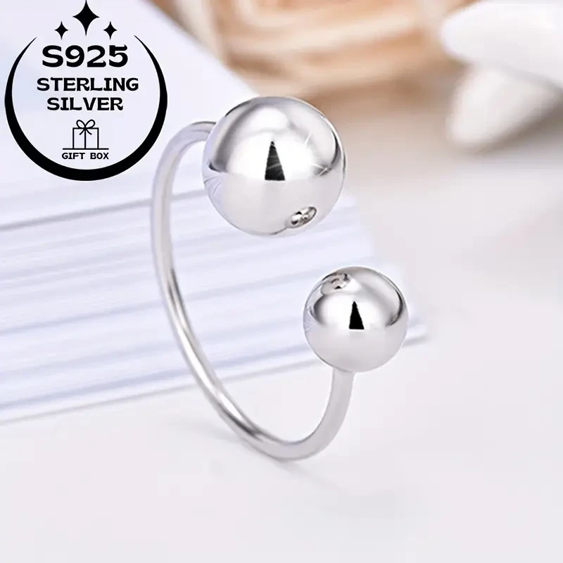 925 Silver Simple Sweet Polished Large Bead Women's Ring, Adjustable Opening – Perfect for Everyday and Party Wear