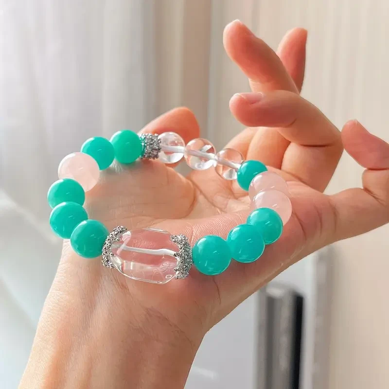 Crystal Beaded Bracelet – Teal Green & Pink Retro Handmade Jewelry for Women, Perfect for Casual Attire & Special Occasions, Ideal Valentine's Gift for Her