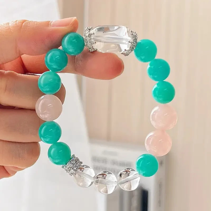Crystal Beaded Bracelet – Teal Green & Pink Retro Handmade Jewelry for Women, Perfect for Casual Attire & Special Occasions, Ideal Valentine's Gift for Her