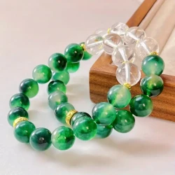 Vintage Moss Agate & White Crystal Beaded Bracelet – Handcrafted, Elegant Design with Clear Vein Patterns