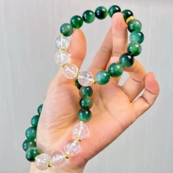 Vintage Moss Agate & White Crystal Beaded Bracelet – Handcrafted, Elegant Design with Clear Vein Patterns