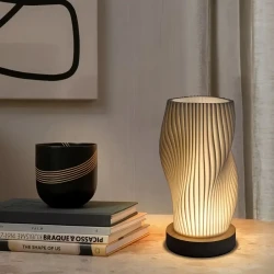 Modern LED Art Table Lamp with Wooden Base – USB Powered, Adjustable Brightness & Artistic 3D Printed Shade for Bedroom & Living Room Décor