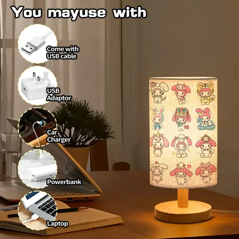 Adorable Melody Table Lamp with Cute Character Prints – USB Powered, Adjustable Tri-Color Lighting, 274.32 cm Tall, Perfect for Bedroom & Living Room