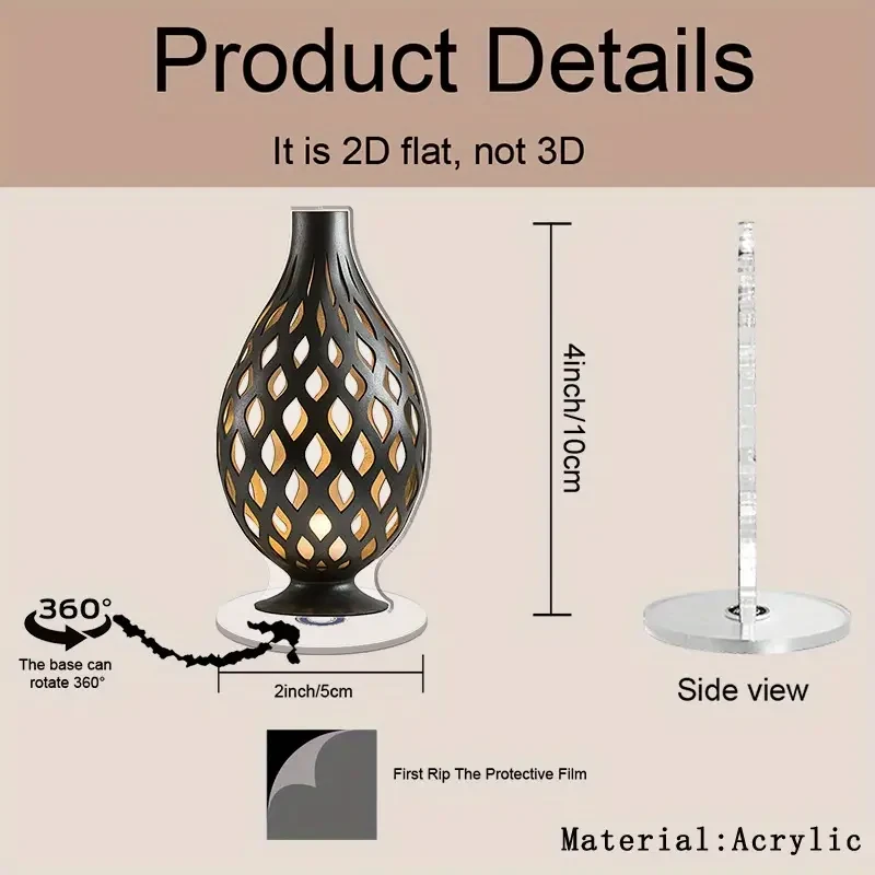 2D Flat Rotating Acrylic Table Lamp with Teardrop Base & Intricate Oval Pattern – Stylish Cordless Design for Ambient Lighting, Perfect for Home Décor, Holiday & Party Decoration