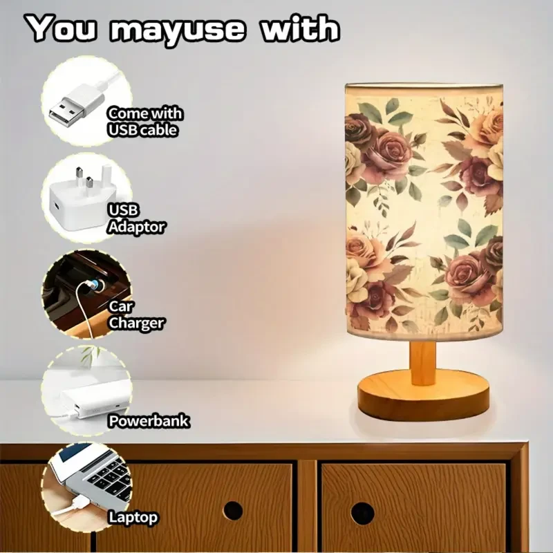 1pc Elegant Floral Table Lamp with Wooden Base, Modern Style, USB Powered, Push Button Control, Adjustable Tri-Color Lighting up to 274.32cm, Ideal for Bedroom & Living Room Decor, Perfect Mother’s Day Gift, Living Room Lamp | Elegant Table Lamp | USB Pow