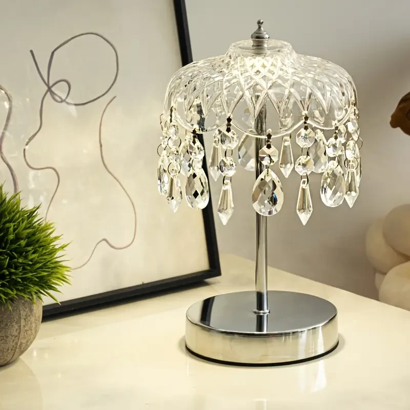 Elegant French Crystal Table Lamp - USB Powered, 3-Color Dimming, Geometric Design with Polished Metal Finish, Adjustable Brightness for Home Decor, Study, or Dining Accent Lighting, Retro Vibe, Durable and Stylish, Room Ambiance Enhancer | Geometric Patt