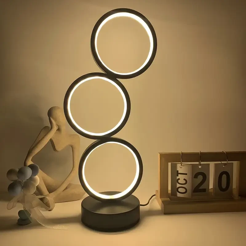 1pc Modern Art Deco LED Ring Desk Lamp – Stylish & Minimalist Design with Triple Circular Light, Adjustable Brightness, USB Powered, Ideal for Bedroom, Living Room, or Office, Perfect for Home Decor