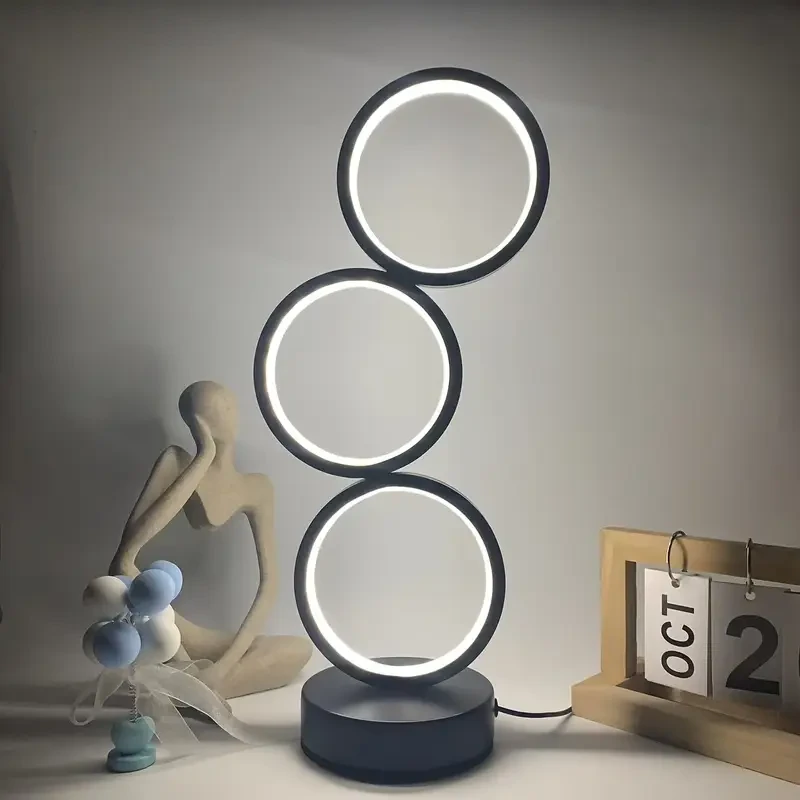 1pc Modern Art Deco LED Ring Desk Lamp – Stylish & Minimalist Design with Triple Circular Light, Adjustable Brightness, USB Powered, Ideal for Bedroom, Living Room, or Office, Perfect for Home Decor