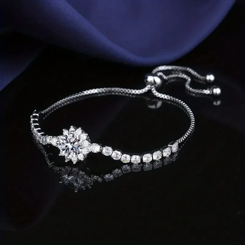 Elegant Moissanite Sunflower Adjustable Bracelet – Luxury Silver-Plated with 2 Carat Center Stone & Moissanite Accents, Ideal for Halloween & Daily Wear