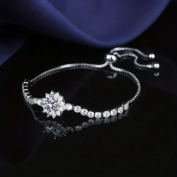 Elegant Moissanite Sunflower Adjustable Bracelet – Luxury Silver-Plated with 2 Carat Center Stone & Moissanite Accents, Ideal for Halloween & Daily Wear