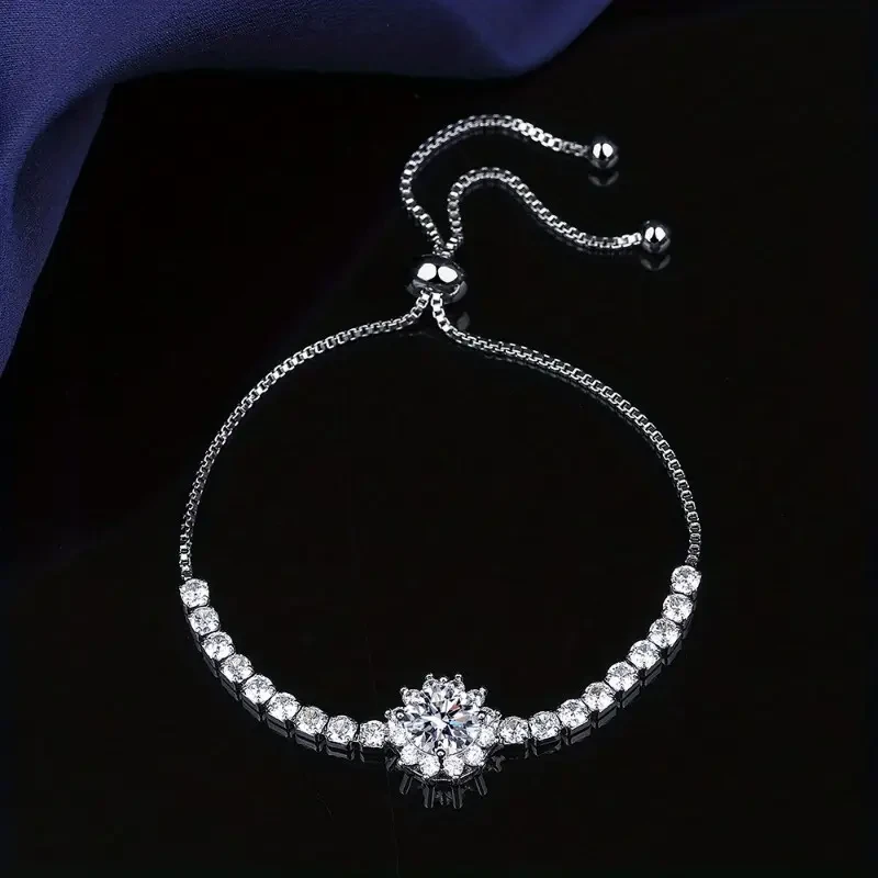 Elegant Moissanite Sunflower Adjustable Bracelet – Luxury Silver-Plated with 2 Carat Center Stone & Moissanite Accents, Ideal for Halloween & Daily Wear