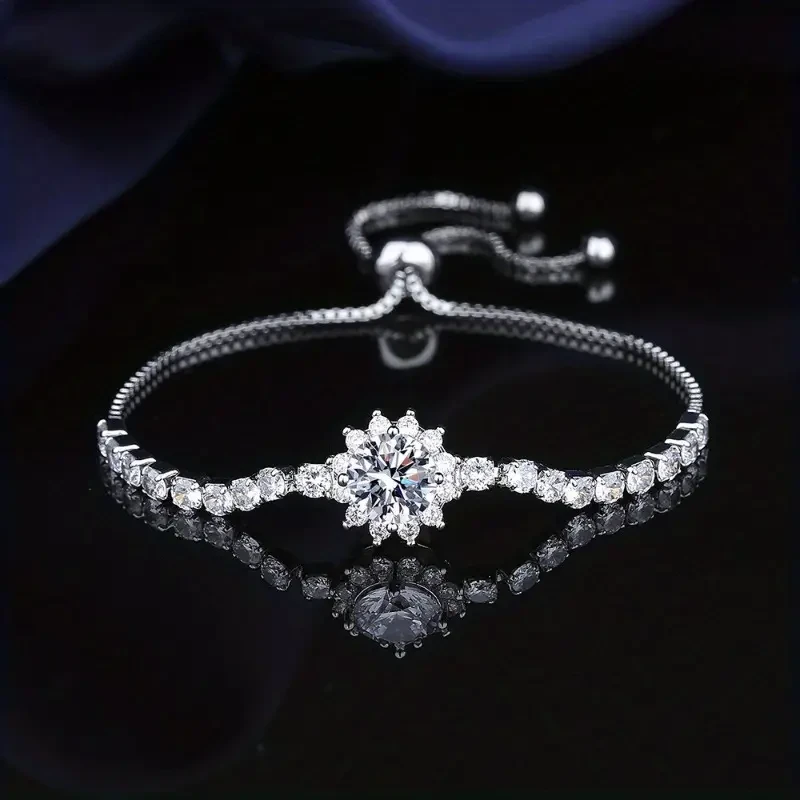 Elegant Moissanite Sunflower Adjustable Bracelet – Luxury Silver-Plated with 2 Carat Center Stone & Moissanite Accents, Ideal for Halloween & Daily Wear