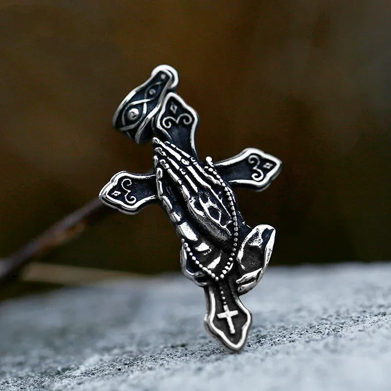 New Praying Hands Stainless Steel Pendant Vintage Cross