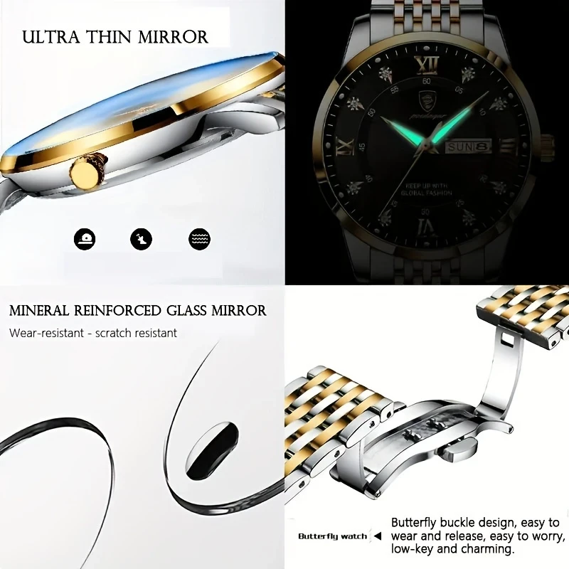 Men's Stylish Quartz Watch – Elegant Dual-Tone Stainless Steel Bracelet, Ultra-Thin Mirror, Mineral Reinforced Glass, Butterfly Buckle, Perfect for Casual & Formal Wear