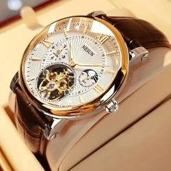 Nesun Men’s Business Casual Mechanical Watch – Automatic, Dial-Through Design, Date Display, Stainless Steel Case, Faux Leather Strap, No Battery Needed, Ideal for Valentine’s Day Gift, Business Casual Accessory