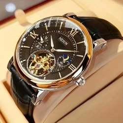 Nesun Men’s Business Casual Mechanical Watch – Automatic, Dial-Through Design, Date Display, Stainless Steel Case, Faux Leather Strap, No Battery Needed, Ideal for Valentine’s Day Gift, Business Casual Accessory