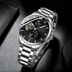 Elegant Automatic Chronograph Watch for Men – Stainless Steel Bracelet, Skeleton Dial, Self-Winding Mechanism, Perfect for Business and Casual Wear