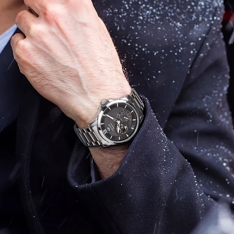 Elegant Automatic Chronograph Watch for Men – Stainless Steel Bracelet, Skeleton Dial, Self-Winding Mechanism, Perfect for Business and Casual Wear