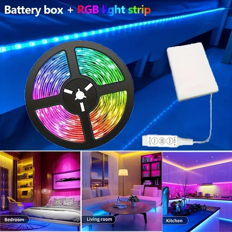 199.9/500.13 cm RGB Smart LED Strip – 5V-3535 Indoor/Outdoor Strip with 3-Key Remote Control, Battery Box (No Battery Included), Perfect for Bedroom, Living Room, Party Decoration, Ideal Gift