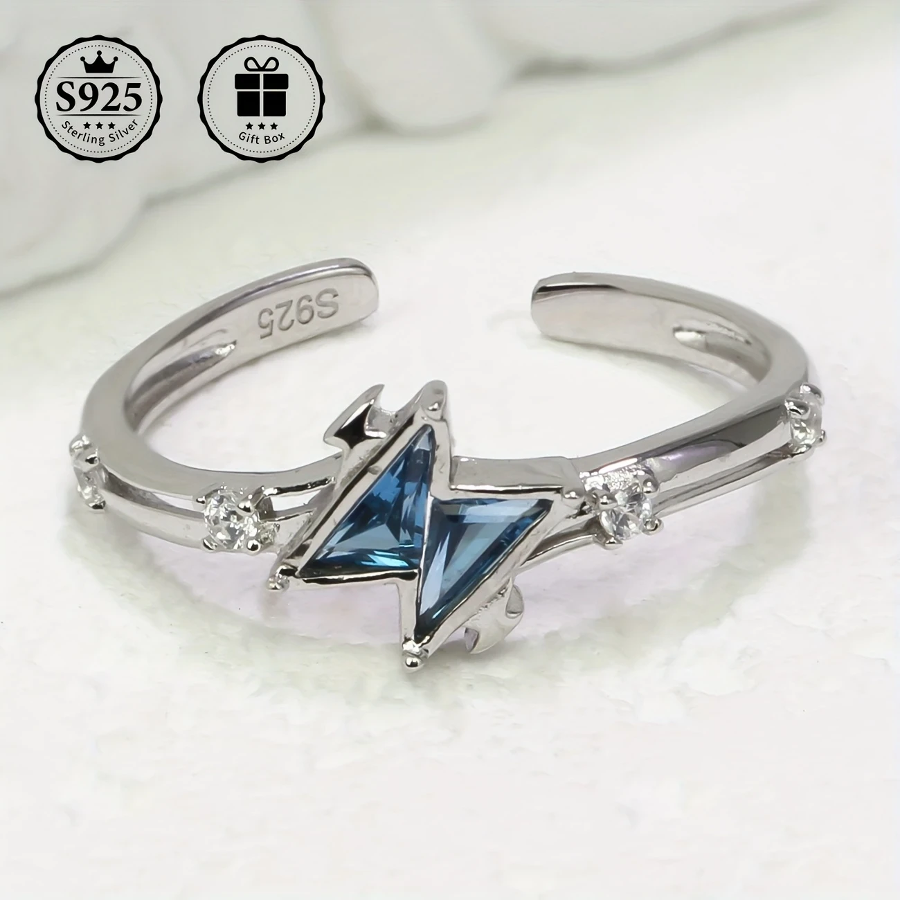 Adjustable S925 Silvery Ring with Elegant Blue Triangle Zirconia Faux Gemstones – Perfect for Engagement, Weddings, Gifts, and Everyday Elegance