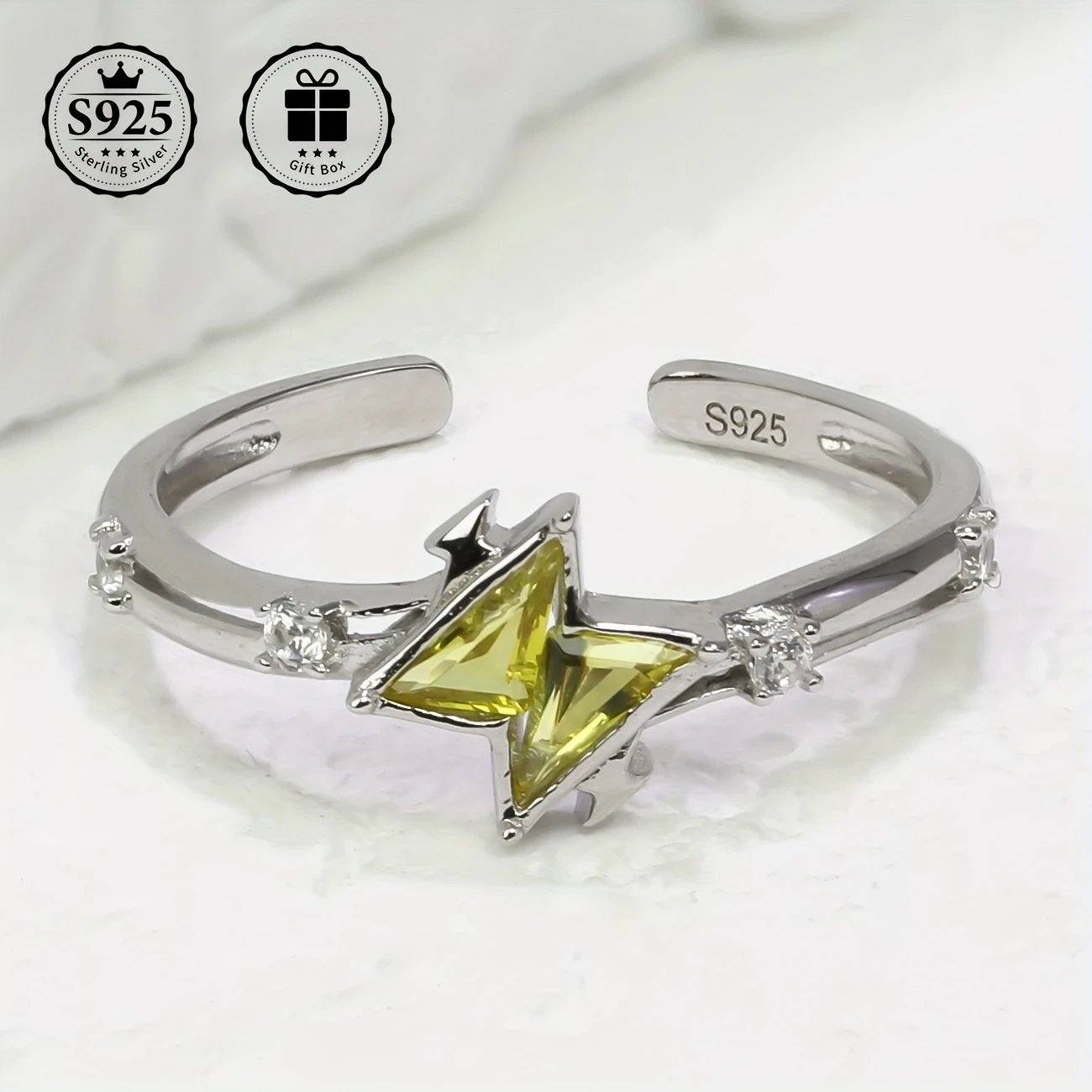 Adjustable S925 Silvery Ring with Elegant Blue Triangle Zirconia Faux Gemstones – Perfect for Engagement, Weddings, Gifts, and Everyday Elegance