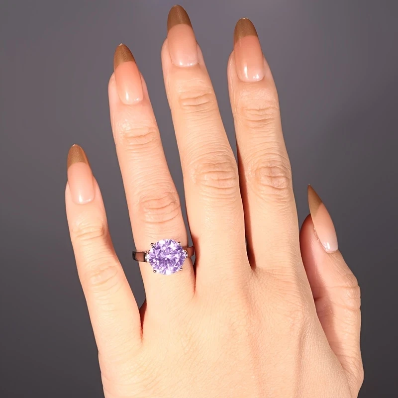 Sterling Silver Halo Support Purple Crystal 0.5 Carat Ring for Women – Light Luxury, High-End Design, Perfect for Daily Wear, Parties, and Vacations
