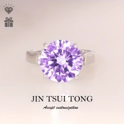 Sterling Silver Halo Support Purple Crystal 0.5 Carat Ring for Women – Light Luxury, High-End Design, Perfect for Daily Wear, Parties, and Vacations