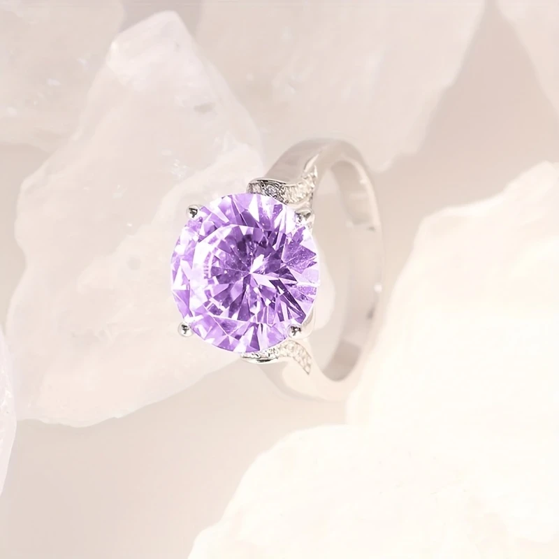Sterling Silver Halo Support Purple Crystal 0.5 Carat Ring for Women – Light Luxury, High-End Design, Perfect for Daily Wear, Parties, and Vacations